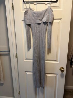 Le Lis Silver Ribbed Off-Shoulder Long Sleeve Maxi Dress